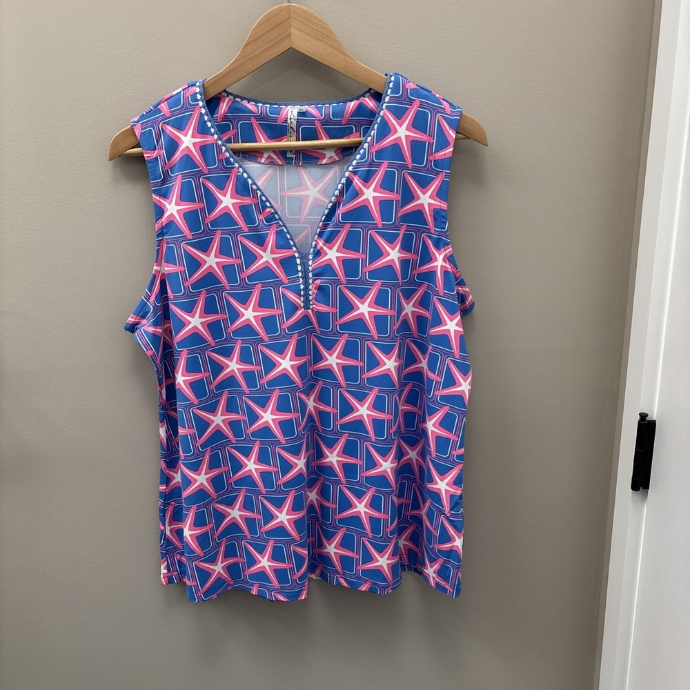 Lulu B Starfish Tank Top Womens XL UPF 50 Bright Stretch Pink Blue Summer Beach